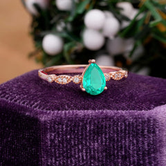 Pear Shaped Vintage Emerald Engagement Ring Beaded Promise Ring