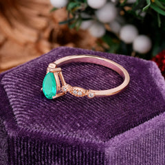 Pear Shaped Vintage Emerald Engagement Ring Beaded Promise Ring