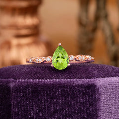 Pear Shaped Vintage Peridot Engagement Ring Beaded Promise Ring