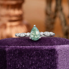 Pear Shaped Vintage Moss Agate Engagement Ring Beaded Promise Ring