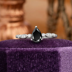 Pear Shaped Vintage Black Onyx Engagement Ring Beaded Promise Ring