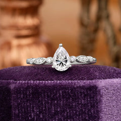 Pear Shaped Vintage Lab Diamond Engagement Ring Beaded Promise Ring