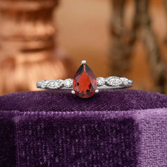 Pear Shaped Vintage Garnet Engagement Ring Beaded Promise Ring