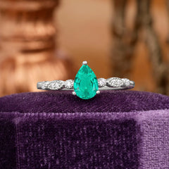 Pear Shaped Vintage Emerald Engagement Ring Beaded Promise Ring