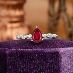 Pear Shaped Vintage Ruby Engagement Ring Beaded Promise Ring