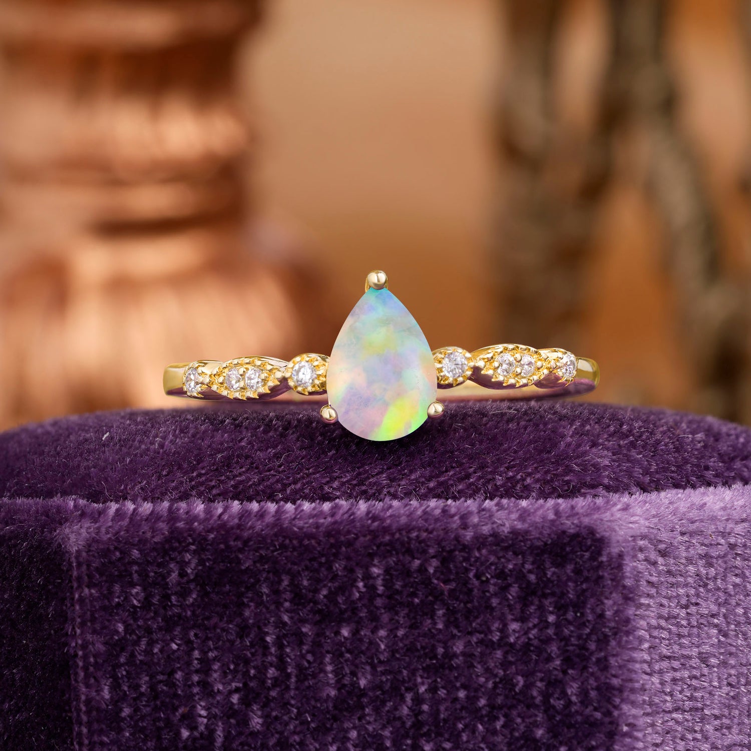 Pear Shaped Vintage Opal Engagement Ring Beaded Promise Ring
