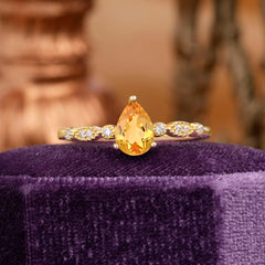 Pear Shaped Vintage Citrine Engagement Ring Beaded Promise Ring