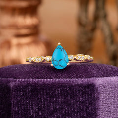 Pear Shaped Vintage Lad Turquoise Engagement Ring Beaded Promise Ring