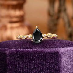 Pear Shaped Vintage Black Onyx Engagement Ring Beaded Promise Ring