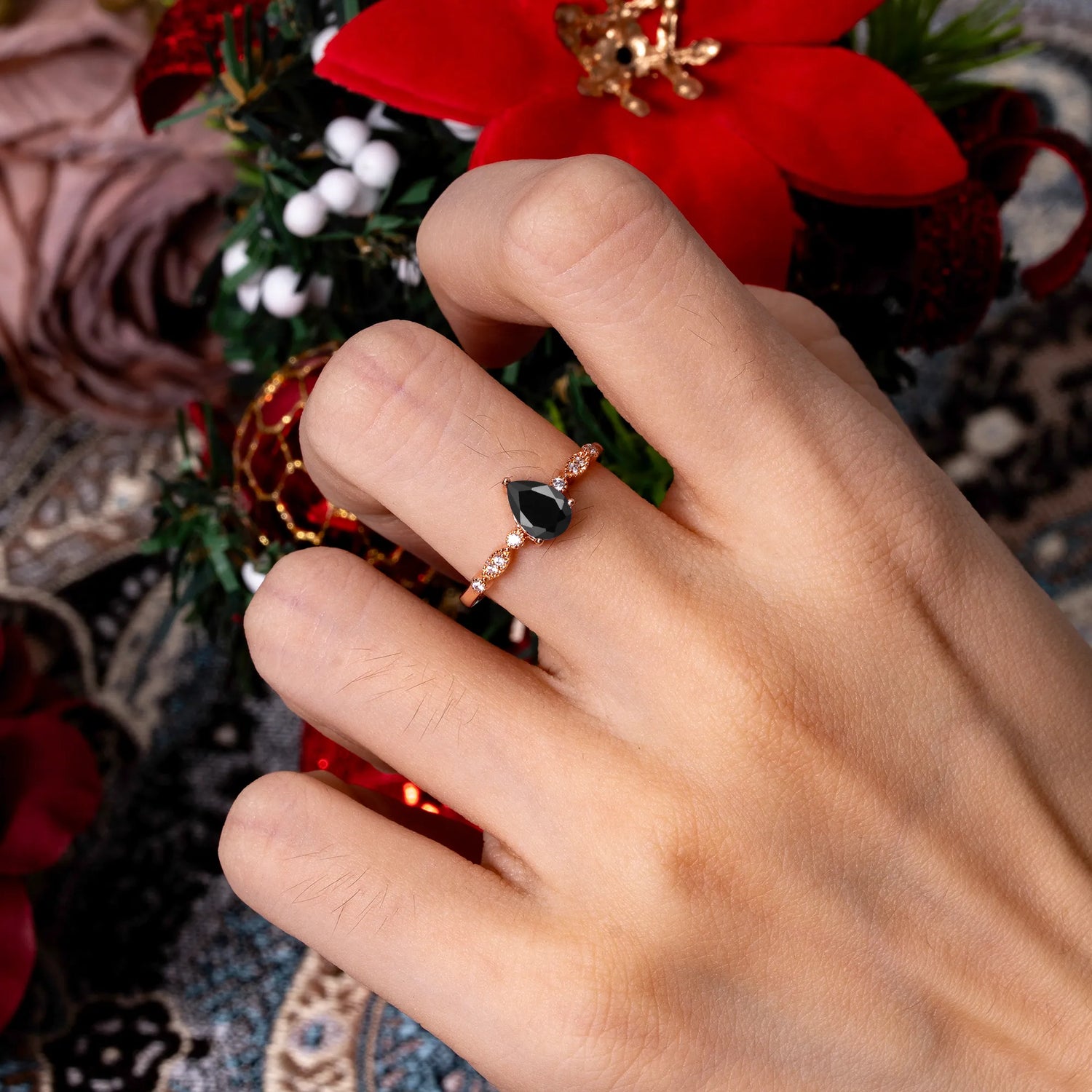 Pear Shaped Vintage Black Onyx Engagement Ring Beaded Promise Ring