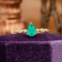 Pear Shaped Vintage Emerald Engagement Ring Beaded Promise Ring