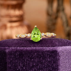 Pear Shaped Vintage Peridot Engagement Ring Beaded Promise Ring