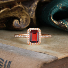 1 Carat Emerald Cut Classic Halo Garnet Wedding Ring with Pave Band