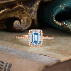 1 Carat Emerald Cut Classic Halo Aquamarine Wedding Ring with Pave Band