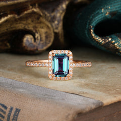 1 Carat Emerald Cut Classic Halo Alexandrite Wedding Ring with Pave Band