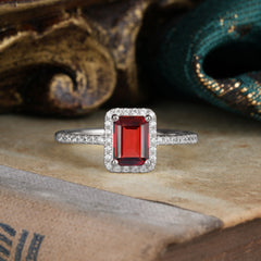 1 Carat Emerald Cut Classic Halo Garnet Wedding Ring with Pave Band