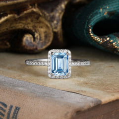 1 Carat Emerald Cut Classic Halo Aquamarine Wedding Ring with Pave Band