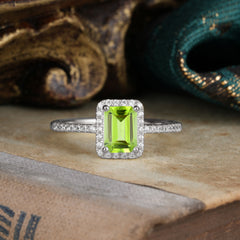 1 Carat Emerald Cut Classic Halo Peridot Wedding Ring with Pave Band