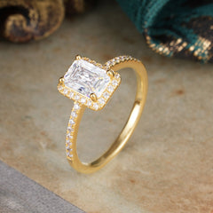 1 Carat Emerald Cut Classic Halo Moissanite Wedding Ring with Pave Band