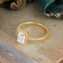 1 Carat Emerald Cut Classic Halo Moissanite Wedding Ring with Pave Band
