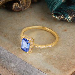 1 Carat Emerald Cut Classic Halo Sapphire Wedding Ring with Pave Band