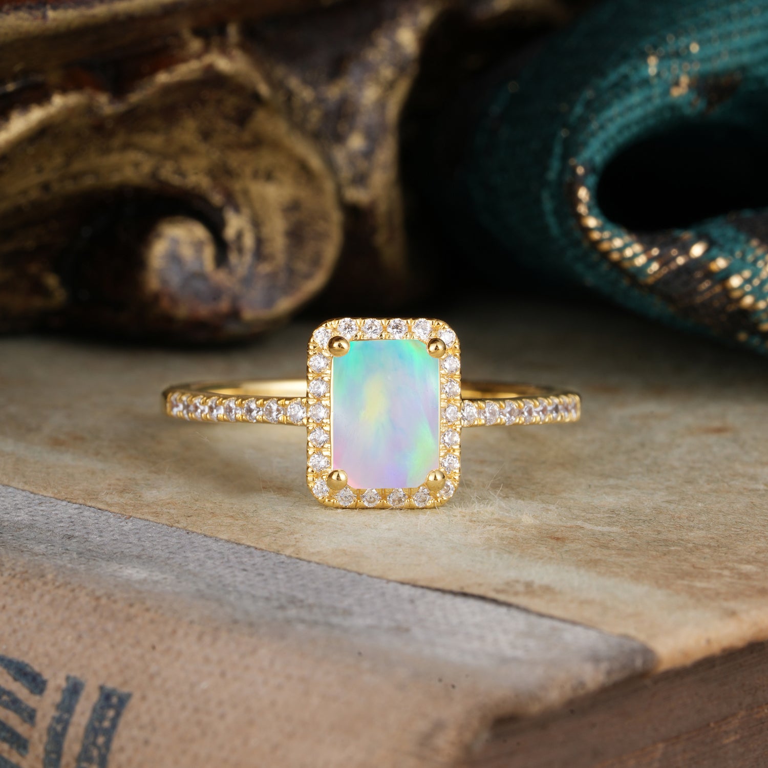 1 Carat Emerald Cut Classic Halo Opal Engagement Ring With Pave Band
