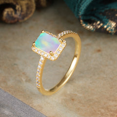 1 Carat Emerald Cut Classic Halo Opal Wedding Ring with Pave Band