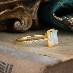 1 Carat Emerald Cut Classic Halo Opal Wedding Ring with Pave Band