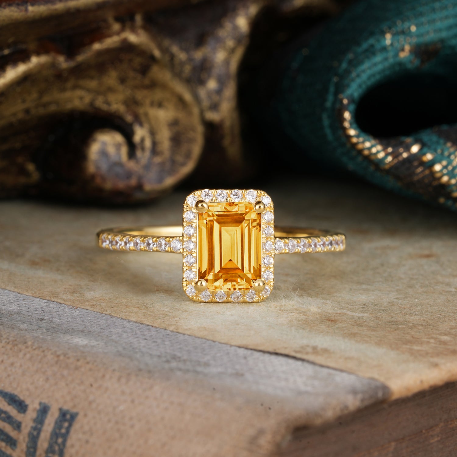 1 Carat Emerald Cut Classic Halo Citrine Engagement Ring With Pave Band