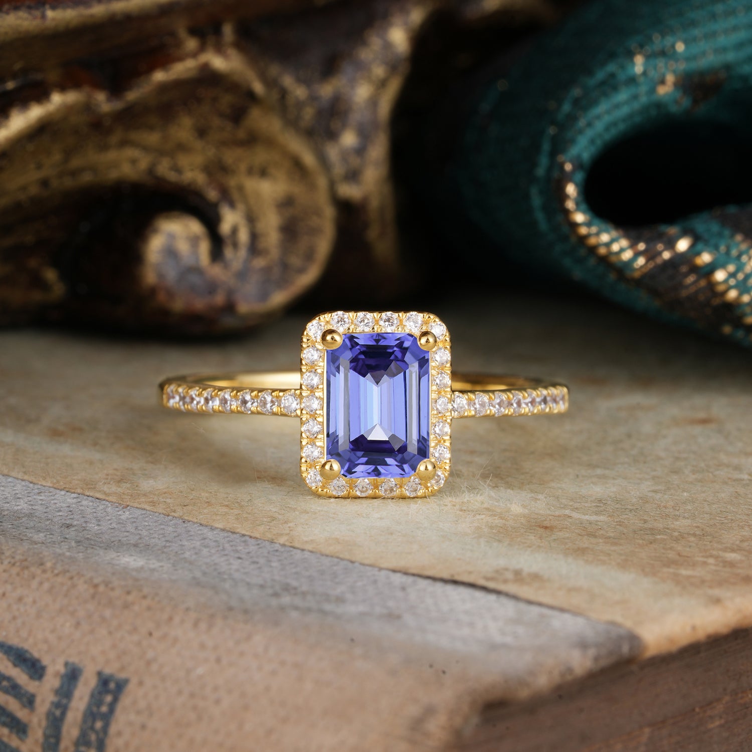 1 Carat Emerald Cut Classic Halo Tanzanite Engagement Ring With Pave Band