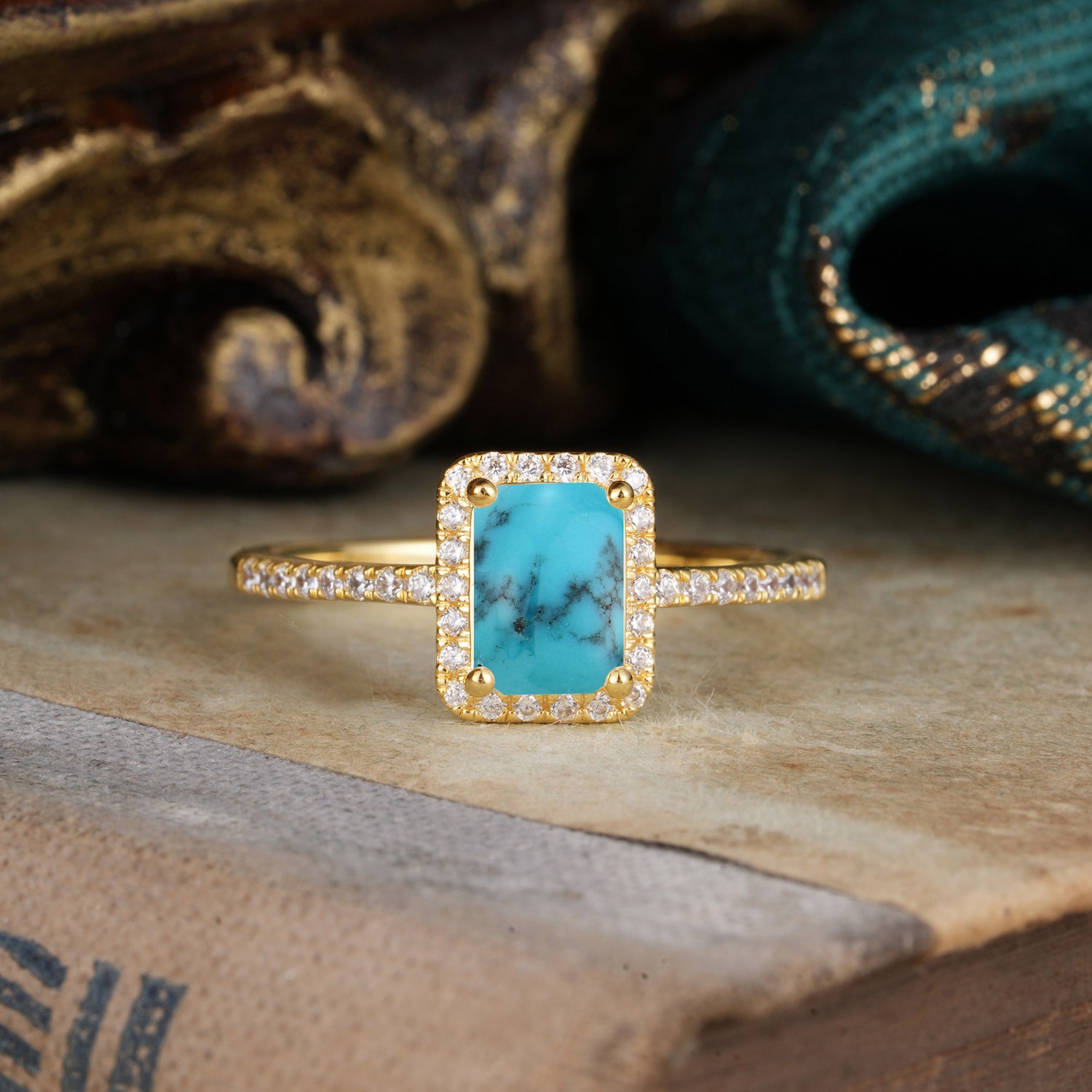1 Carat Emerald Cut Classic Halo Turquoise Engagement Ring With Pave Band
