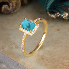1 Carat Emerald Cut Classic Halo Turquoise Wedding Ring with Pave Band