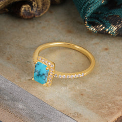 1 Carat Emerald Cut Classic Halo Turquoise Wedding Ring with Pave Band