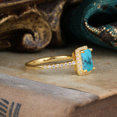 1 Carat Emerald Cut Classic Halo Turquoise Wedding Ring with Pave Band