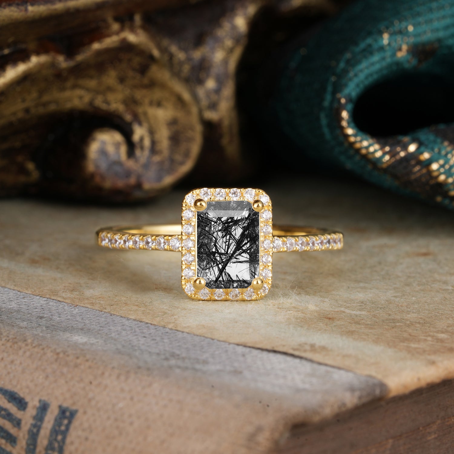 1 Carat Emerald Cut Classic Halo Black Rutilated Quartz Engagement Ring With Pave Band