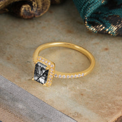1 Carat Emerald Cut Classic Halo Black Rutilated Quartz Wedding Ring with Pave Band