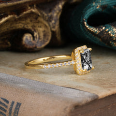 1 Carat Emerald Cut Classic Halo Black Rutilated Quartz Wedding Ring with Pave Band