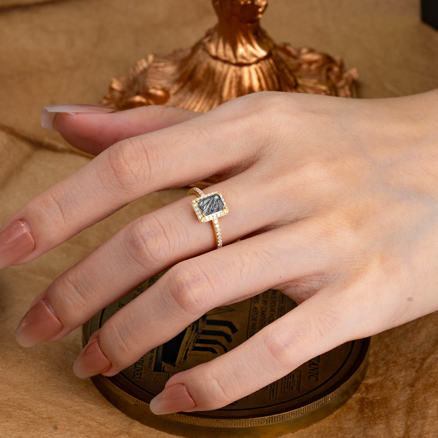 1 Carat Emerald Cut Classic Halo Black Rutilated Quartz Engagement Ring With Pave Band
