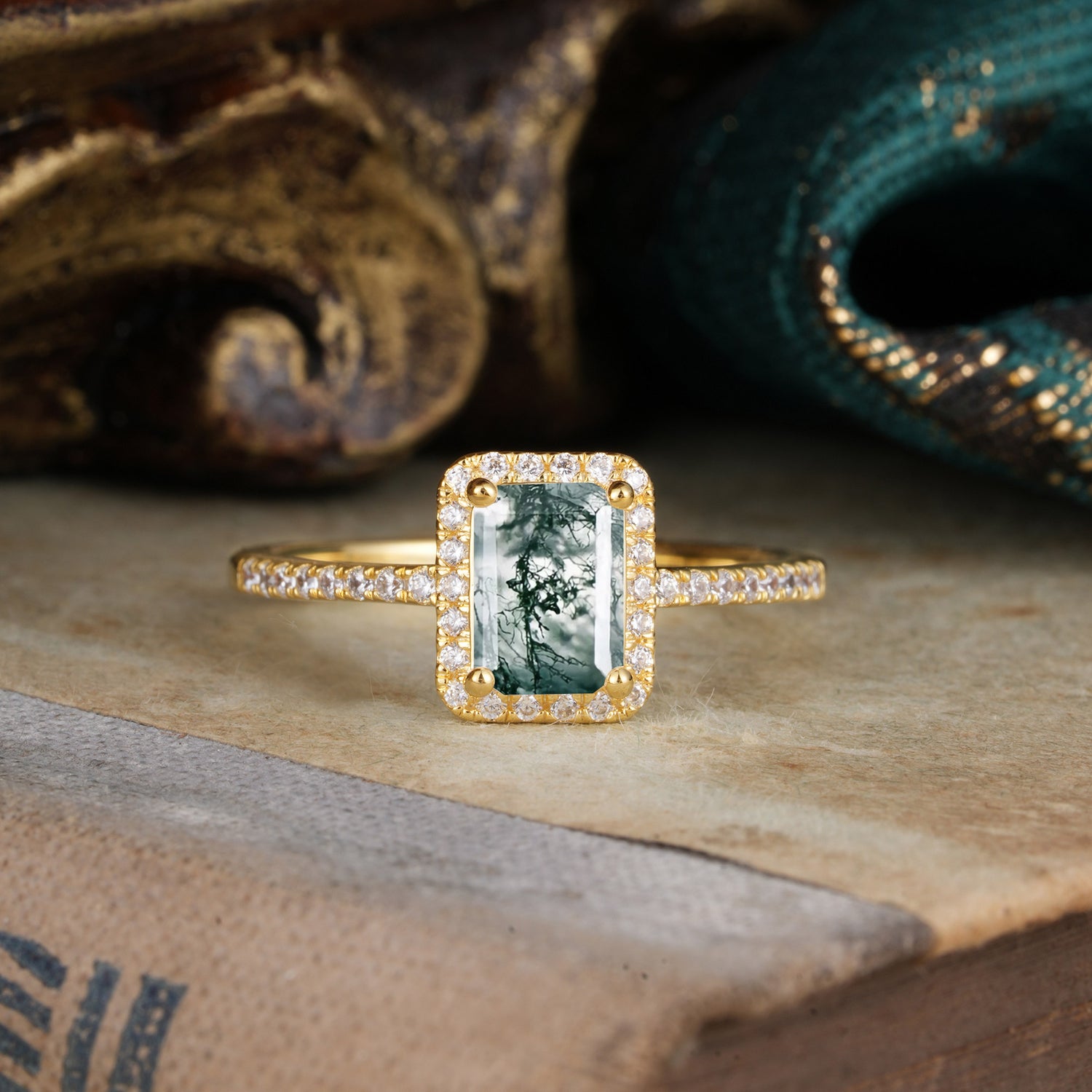 1 Carat Emerald Cut Classic Halo Moss Agate Engagement Ring With Pave Band