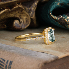 1 Carat Emerald Cut Classic Halo Moss Agate Wedding Ring with Pave Band