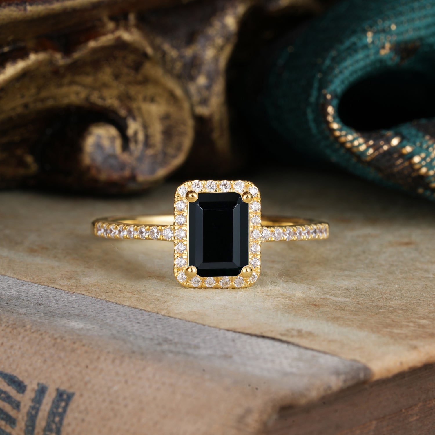 1 Carat Emerald Cut Classic Halo Black Onyx Engagement Ring With Pave Band