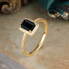 1 Carat Emerald Cut Classic Halo Black Onyx Wedding Ring with Pave Band