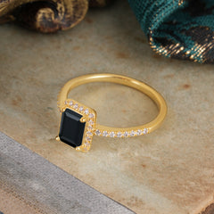 1 Carat Emerald Cut Classic Halo Black Onyx Wedding Ring with Pave Band