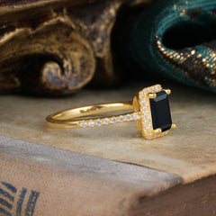 1 Carat Emerald Cut Classic Halo Black Onyx Wedding Ring with Pave Band