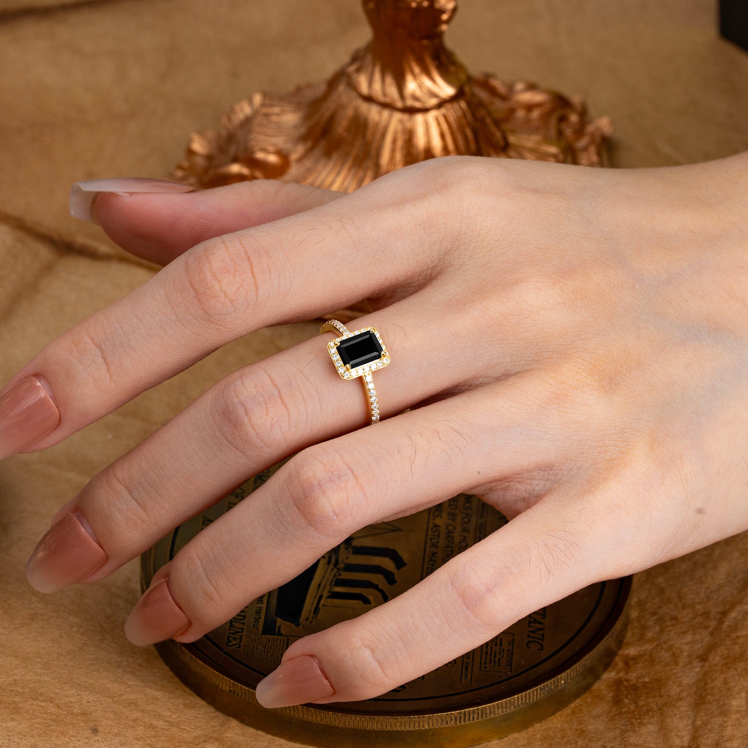 1 Carat Emerald Cut Classic Halo Black Onyx Engagement Ring With Pave Band