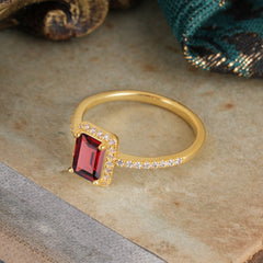 1 Carat Emerald Cut Classic Halo Garnet Wedding Ring with Pave Band