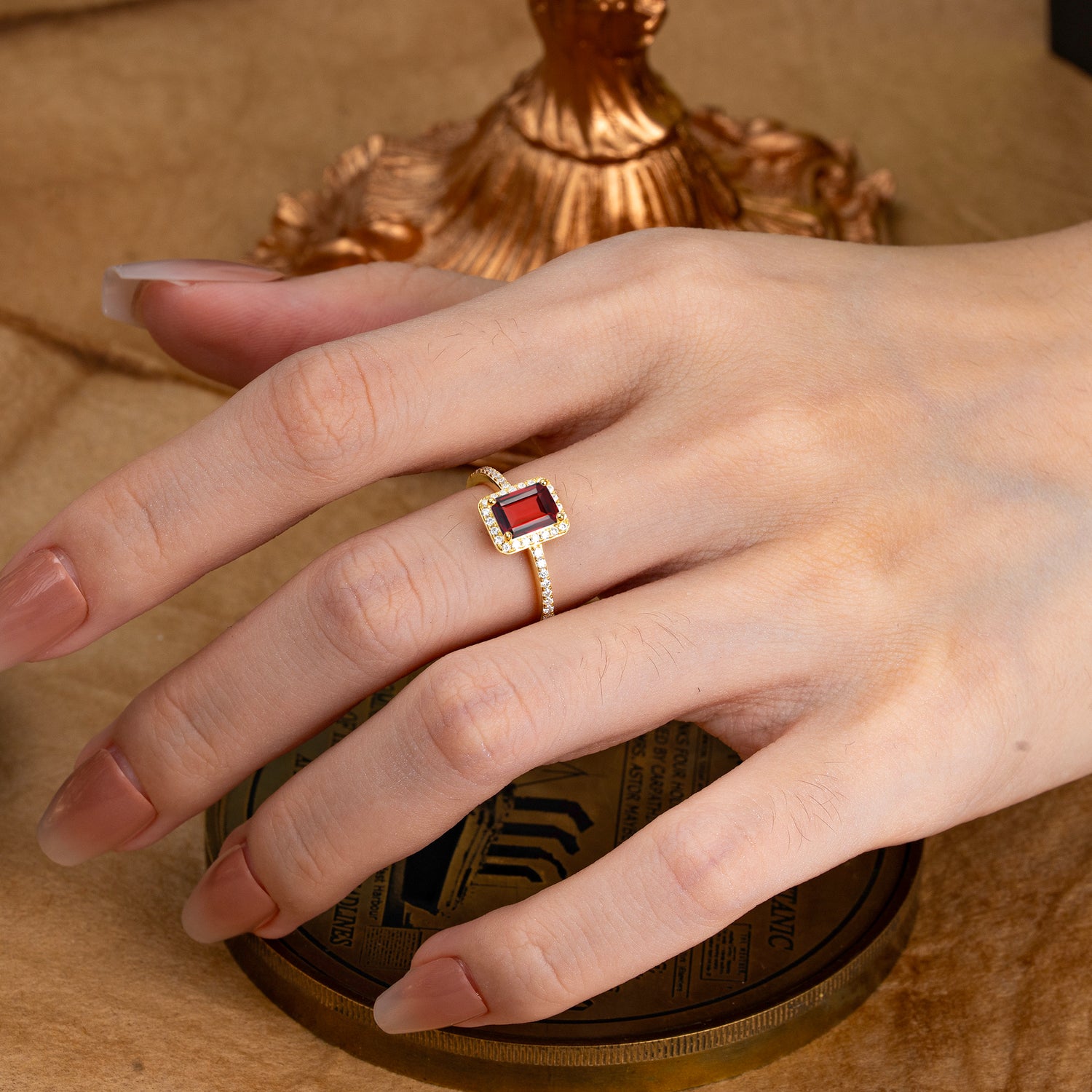 1 Carat Emerald Cut Classic Halo Garnet Engagement Ring With Pave Band