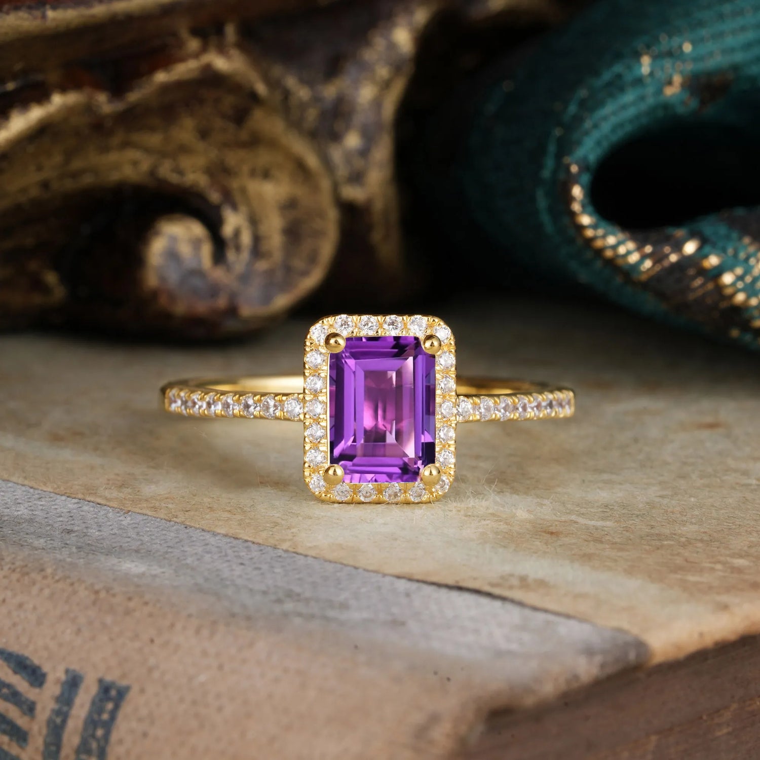 1 Carat Emerald Cut Classic Halo Amethyst Engagement Ring With Pave Band