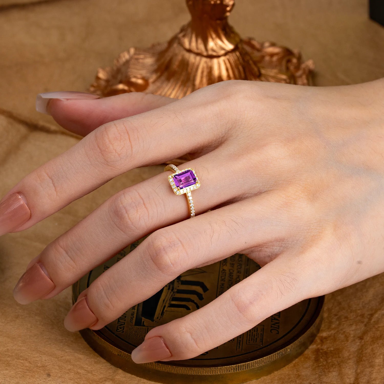 1 Carat Emerald Cut Classic Halo Amethyst Engagement Ring With Pave Band