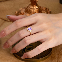 1 Carat Emerald Cut Classic Halo Amethyst Wedding Ring with Pave Band